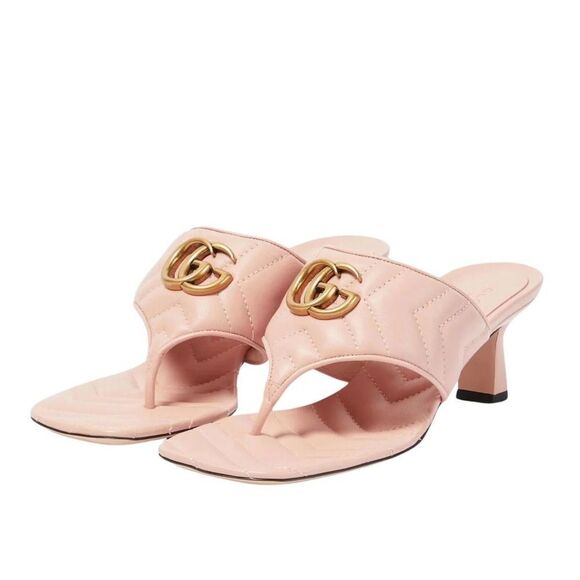 Gucci Pink Heeled Marmont Double G quilted thong sandals Gold GG 38 - Picture 5 of 7
